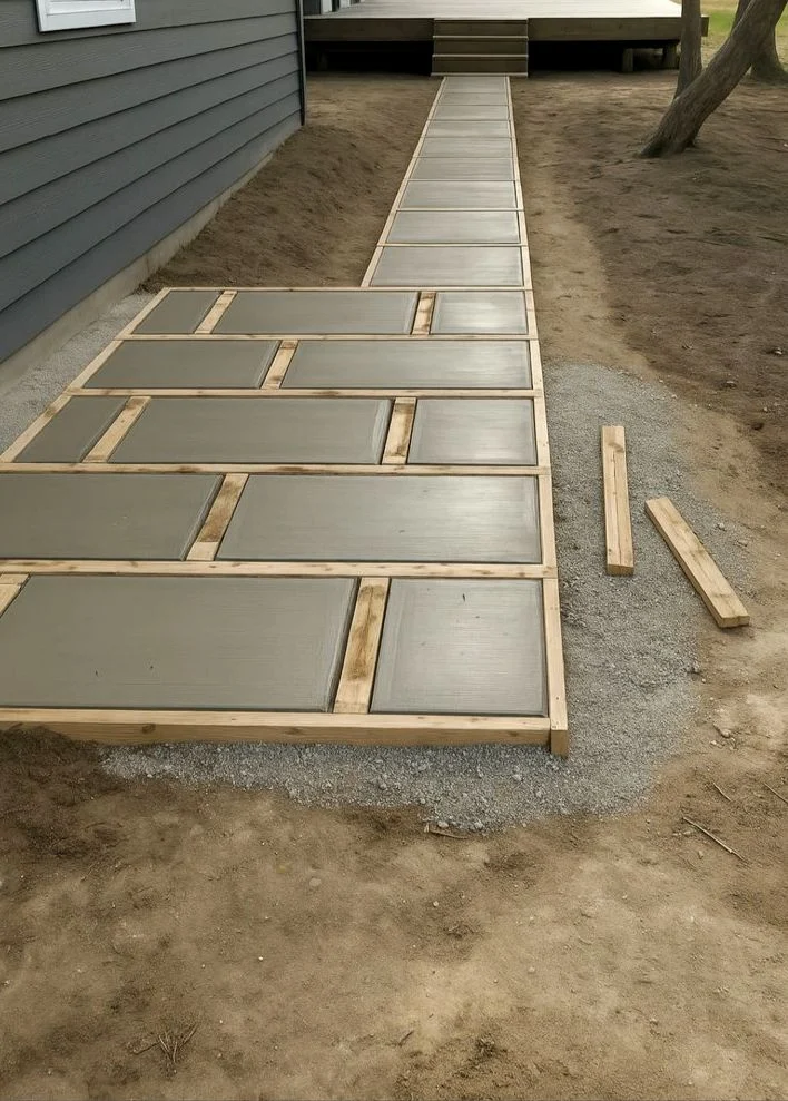 "Concrete walkway formwork preparation before pouring and finishing process"