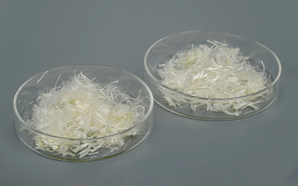 Fiber mesh in concrete showing synthetic polypropylene fibers used for crack control