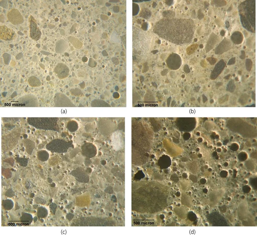Air-entrained concrete microstructure showing distributed air voids that improve freeze-thaw durability